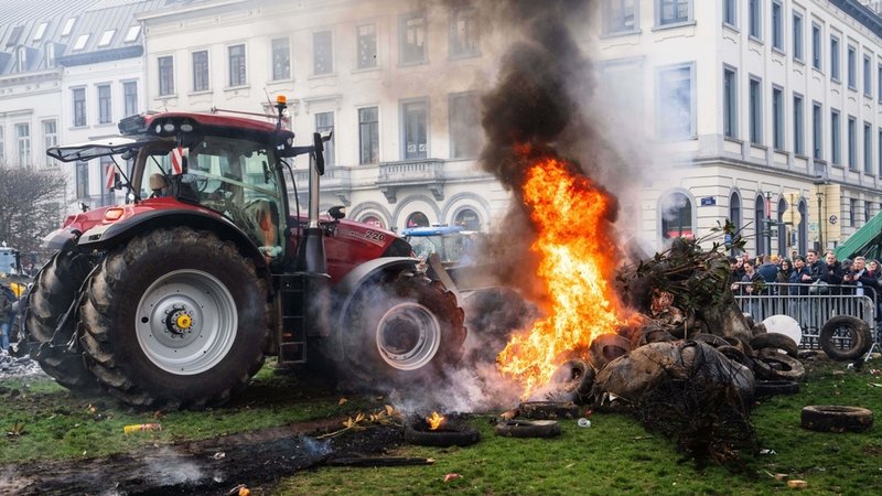 Demonstranten verbrennen Reifen während einer Demonstration europäischer Landwirte vor dem EU-Gipfeltreffen in Brüssel. | Bild: dpa-Bildfunk/Marius Burgelman Demonstranten verbrennen Reifen während einer Demonstration europäischer Landwirte vor dem EU-Gipfeltreffen in Brüssel.