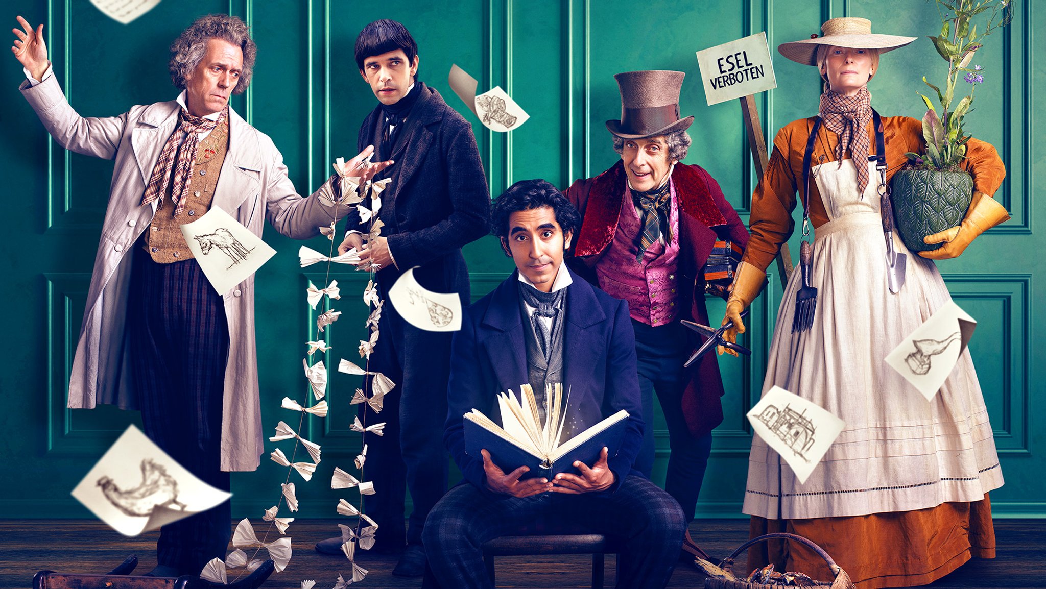 Das Ensemble aus "David Copperfield - Einmal Reichtum und zurück" mit Dev Patel (m.), Hugh Laurie (g. l.) und Tilda Swinton (g.r.)