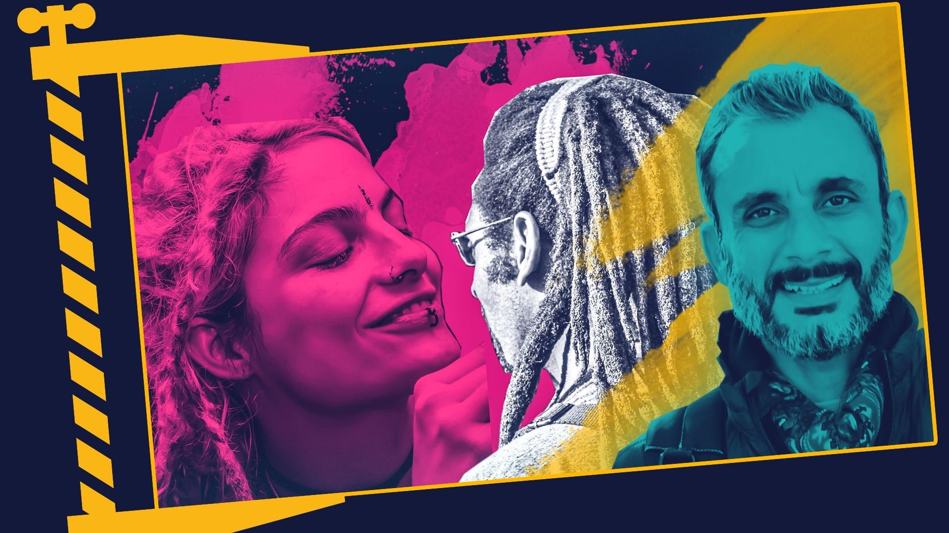 Zwei Menschen mit Rastas, Dreadlocks; rechts Moderator Ramo Ali