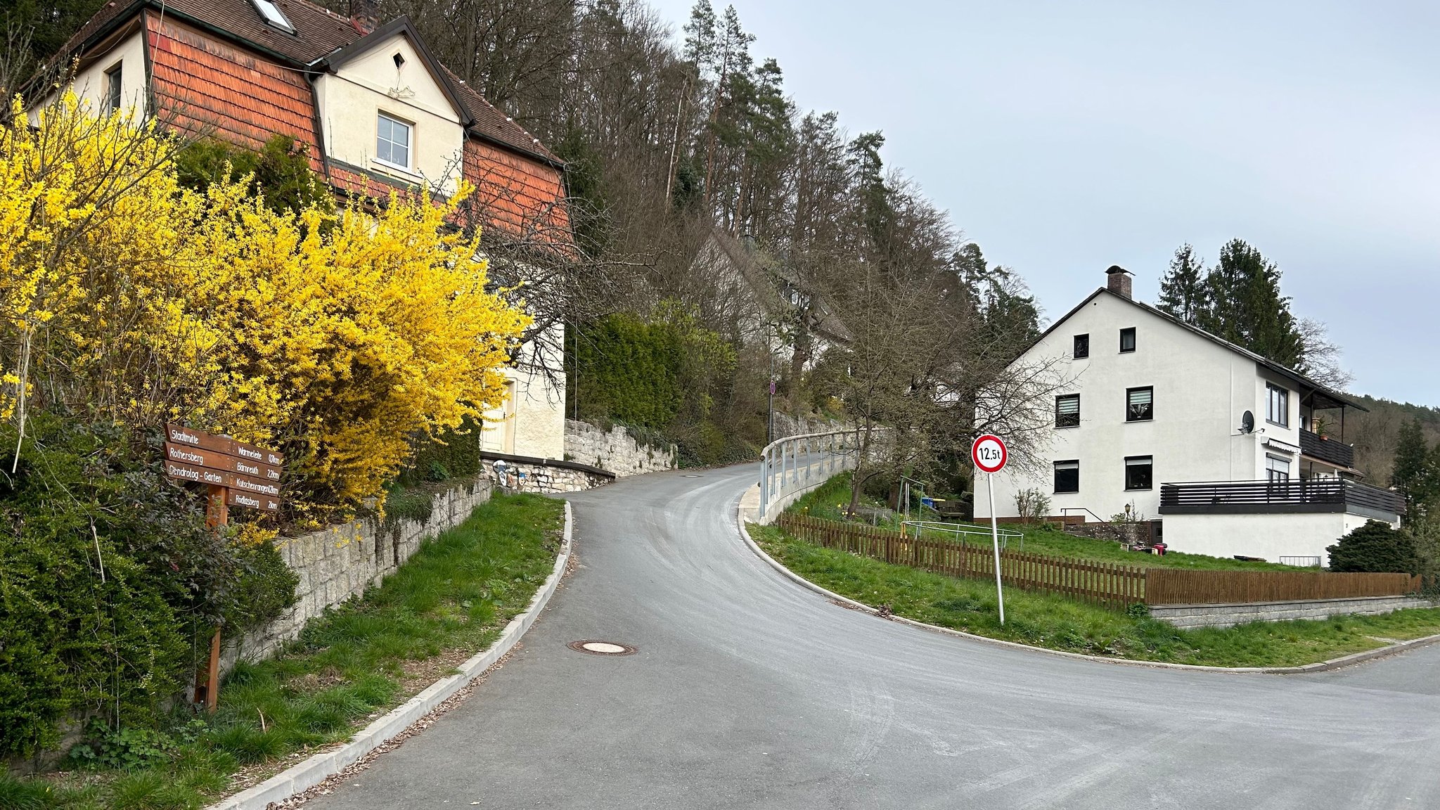 Blick auf eine Straße, die einen Hang hinaufführt. Links und rechts stehen Wohnhäuser. 