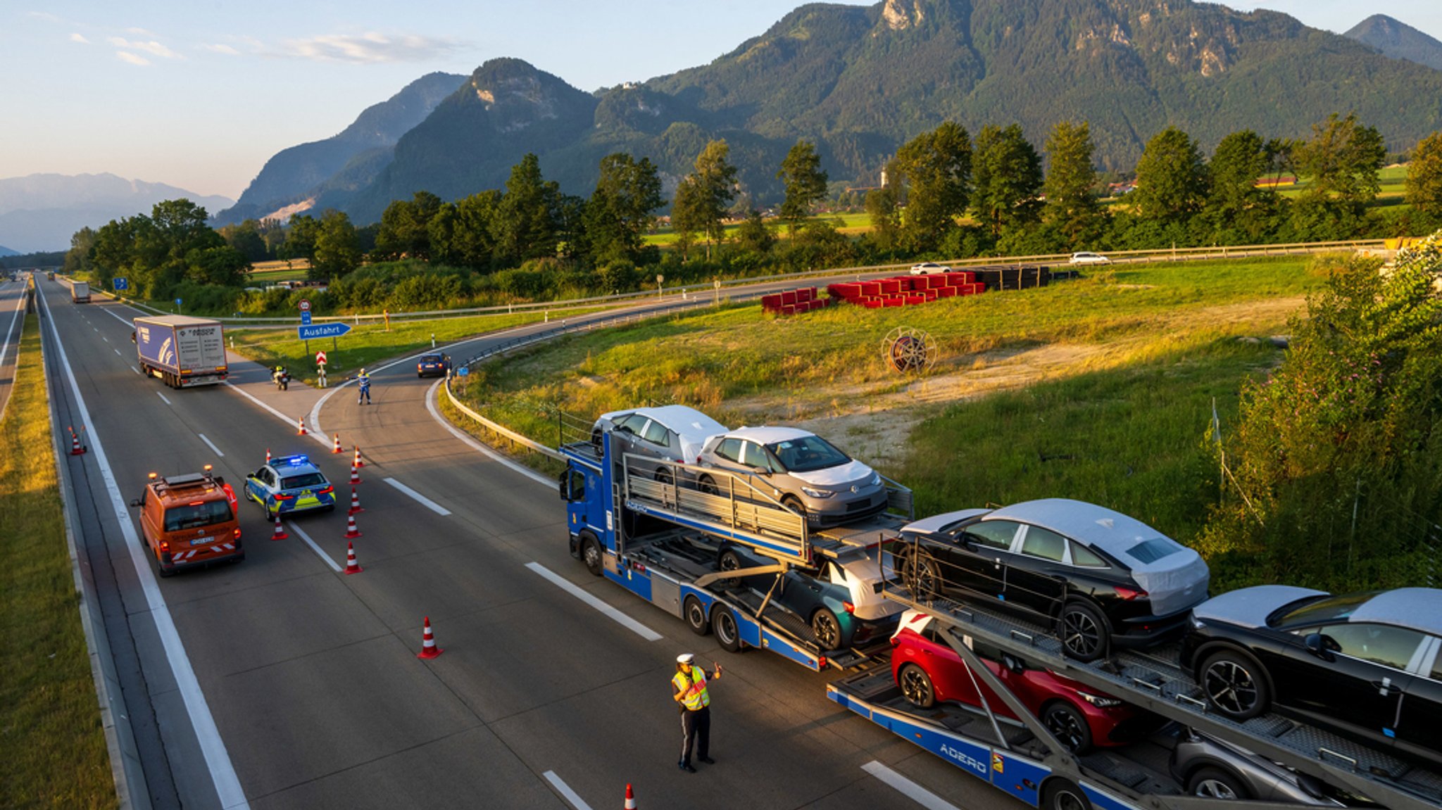 Straßensperrungen gestartet: Ein Polizist separiert in den frühen Morgenstunden auf der Autobahn A93 in Richtung Tirol Lkw und Pkw. 