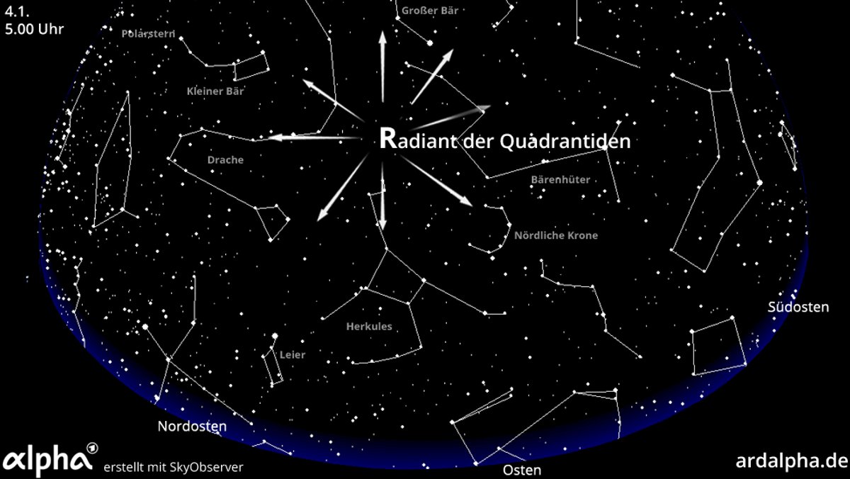 Sternkarte mit dem Radiant der Quatrantiden zwischen den Sternbildern Bärenhüter, Großer Bär und Drache um fünf Uhr morgens.