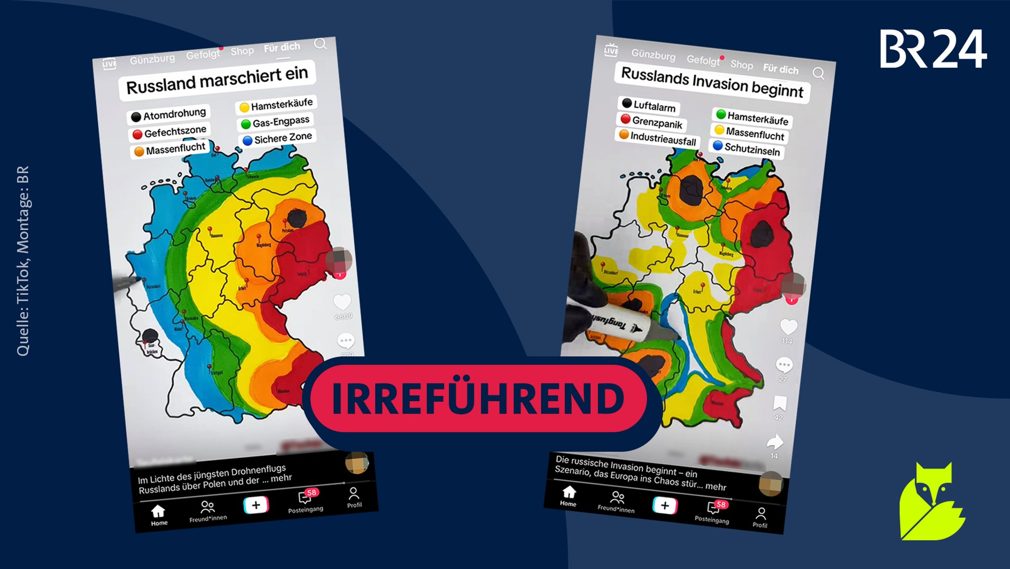 Thumbnails von TikTok-Videos, darüber der Stempel "irreführend".