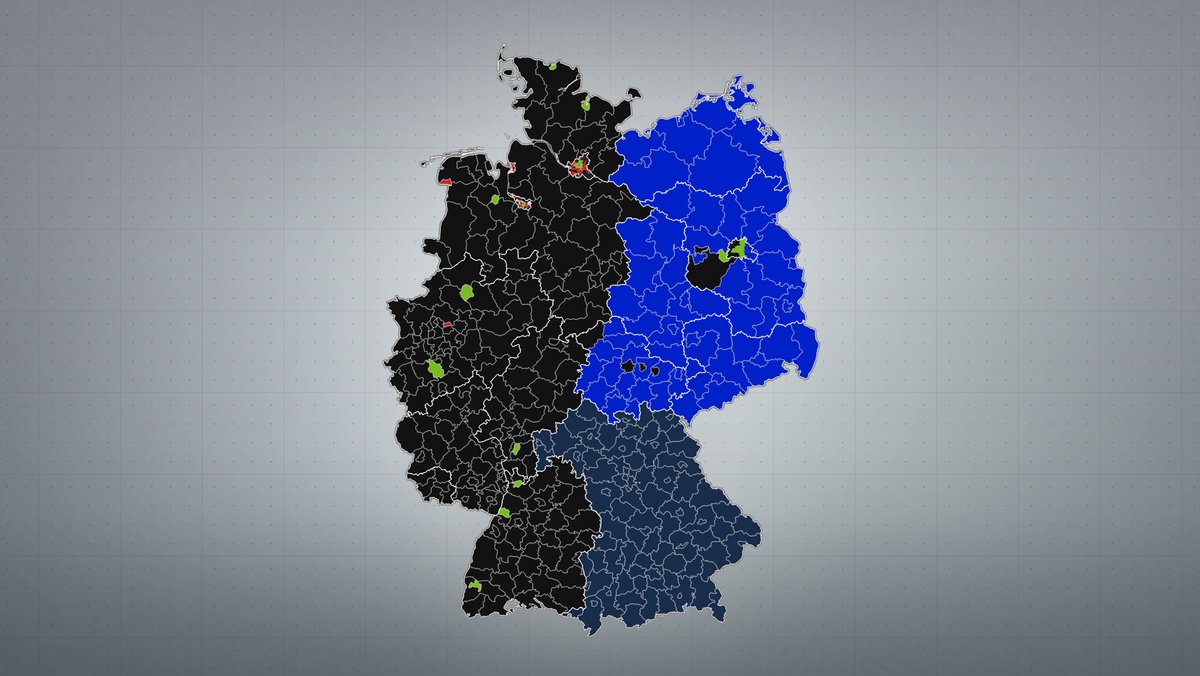 Die stärkste Partei in den Landkreisen: AfD (blau), CSU (dunkelgrau), CDU (schwarz), Güne (grün), SPD (rot)