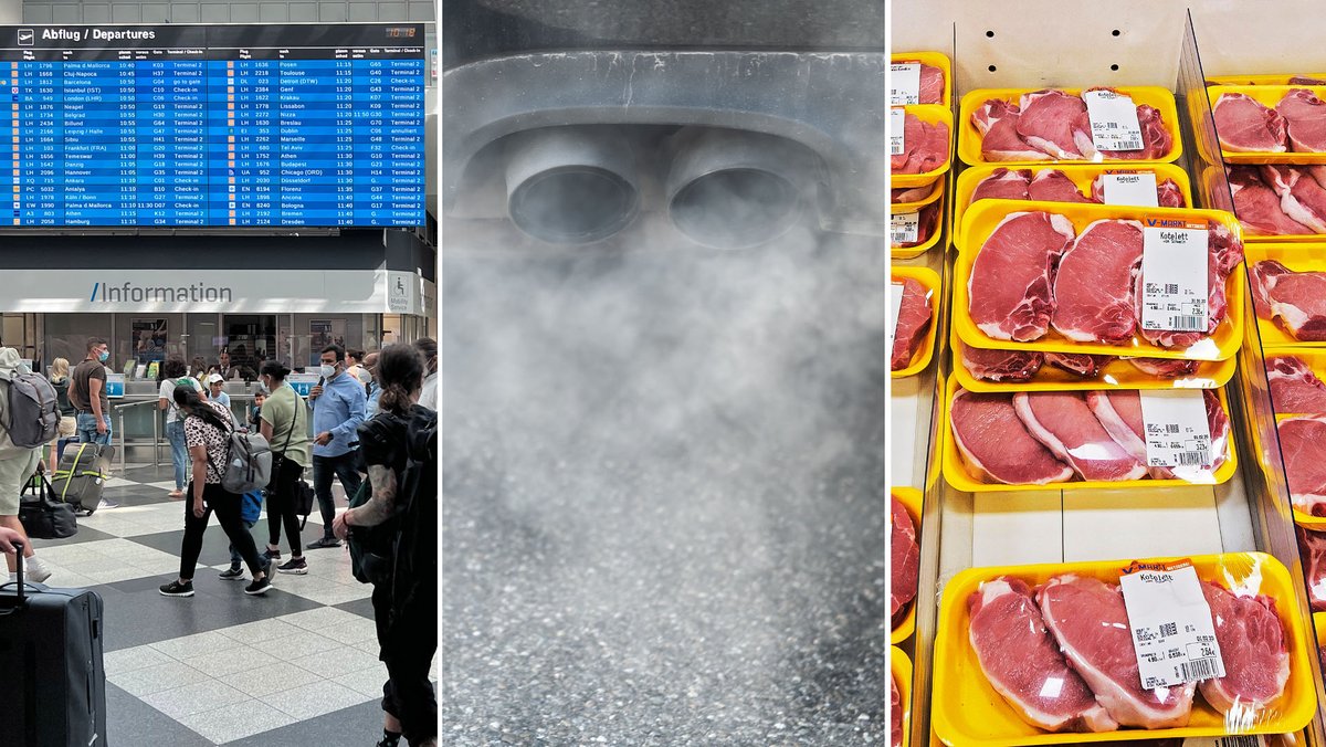 v.l.n.r.: Reisende am Flughafen München, qualmender Auto-Auspuff, Kühltruhe mit Fleischwaren (Symbolbilder)