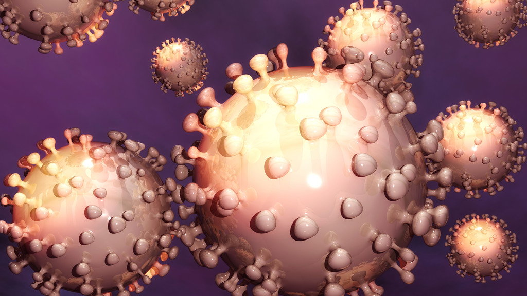 Beige-farbene Symbole von Coronaviren vor Lila-Hintergrund