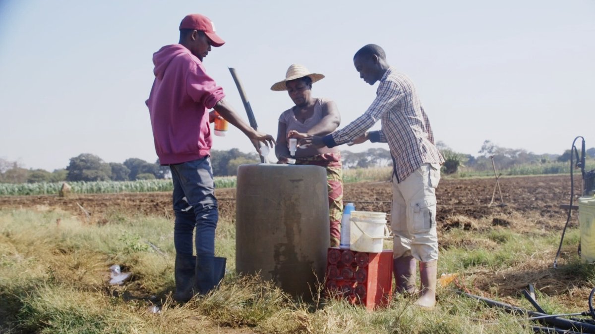 Bauern in Sambia stehen um eine Tonne herum und mischen einen Pestizid-Cocktail