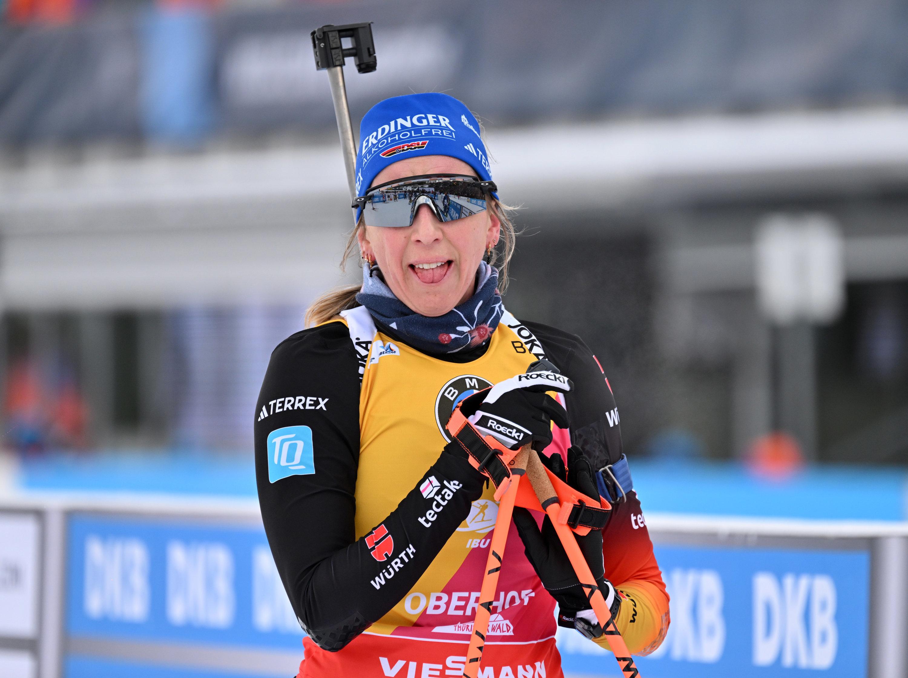 11.01.2025, Thüringen, Oberhof: Biathlon: Weltcup, Verfolgung 10 km, Damen. Franziska Preuß aus Deutschland kommt als Zwanzigste ins Ziel. Foto: Martin Schutt/dpa +++ dpa-Bildfunk +++