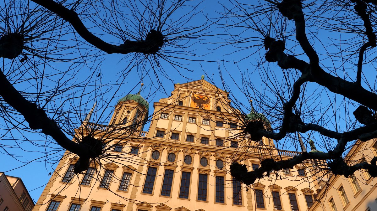 Hinter kahlen Platanen steht das Augsburger Rathaus in der Morgensonne.