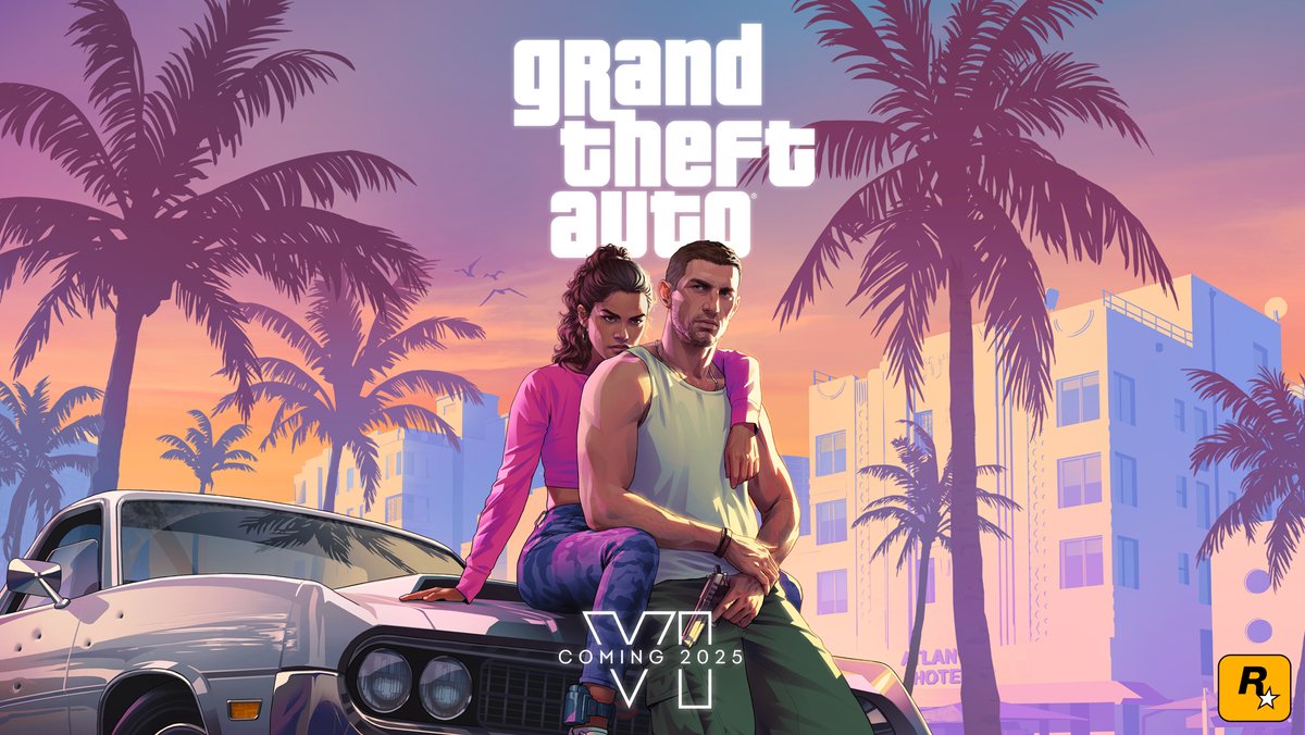 GTA 6 Coverbild: Paar sitzt im Sonnenuntergang vor Stadtarchitektur und Palmen auf der Motorhaube eines Autos