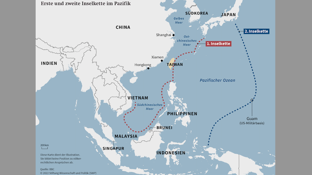 Karte mit Pufferzonen der USA zu China im Süd- und Ostchinesischen Meer sowie im Pazifischen Ozean.