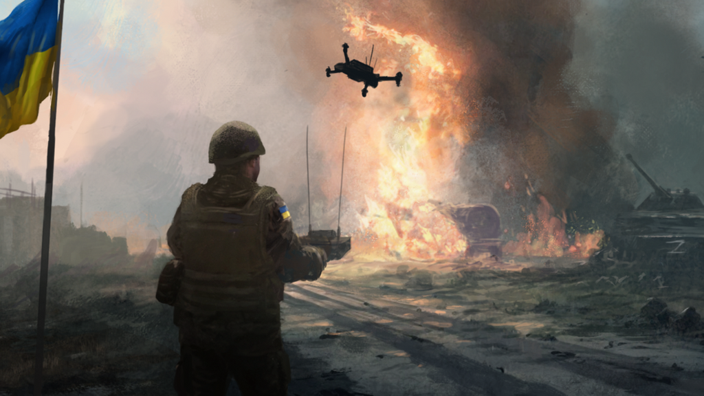 Illustration eines ukrainischen Soldaten, der eine Kampfdrohne fernsteuert.