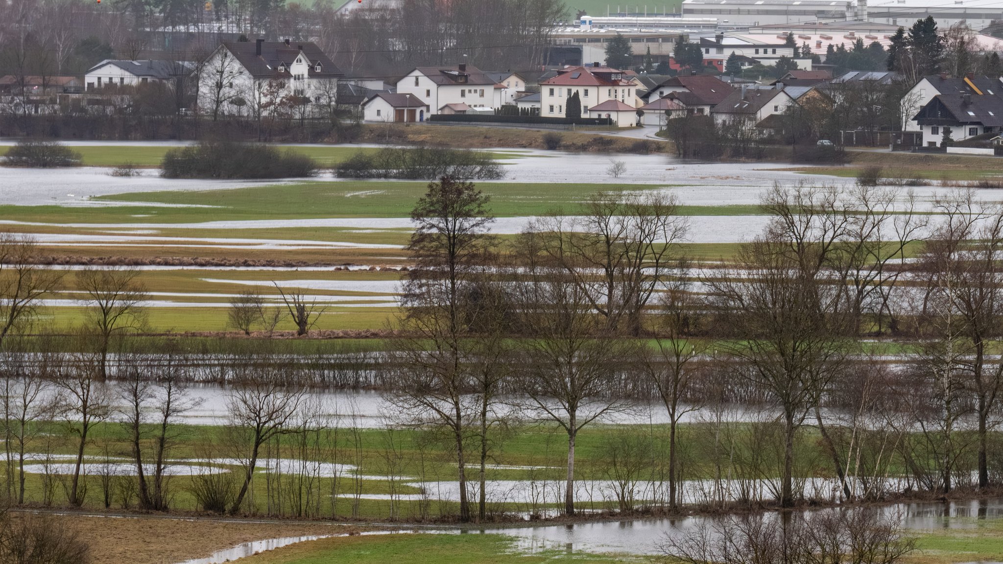 Wiesen und Äcker sind teilweise vom Hochwasser des Flusses Regen überschwemmt.