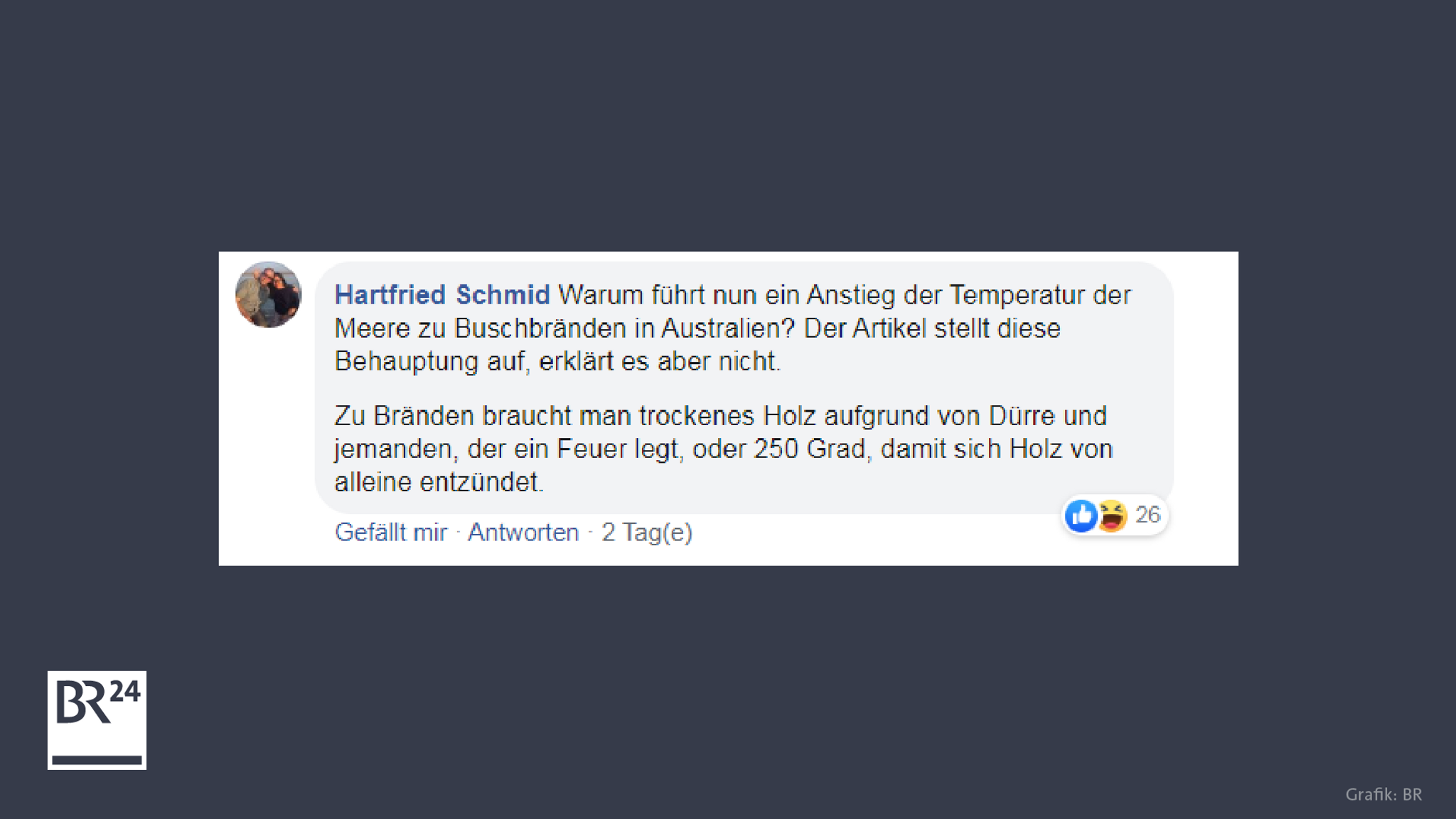 Ein Nutzer fragt auf BR24, wie der Anstieg der Ozeantemperaturen und die Buschbrände in Australien zusammenhängen.