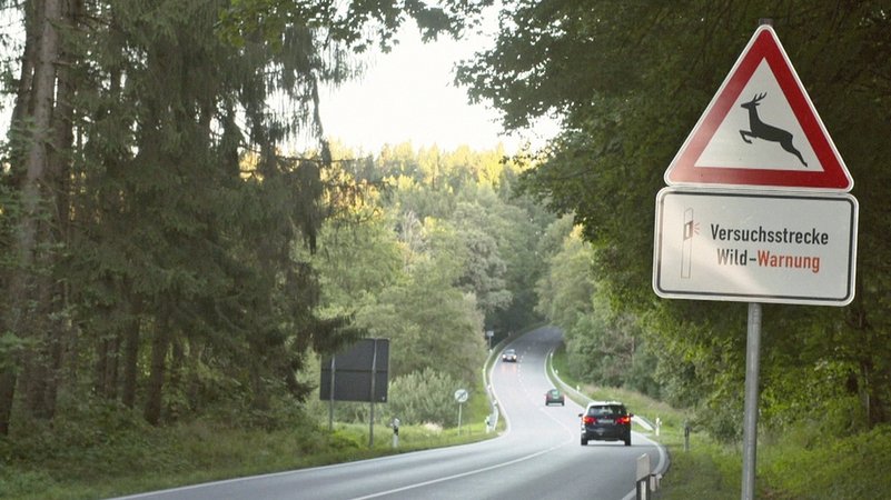 Warnschild Wildwechsel mit Hinweis auf das Sensor-Testprogramm in Bayern