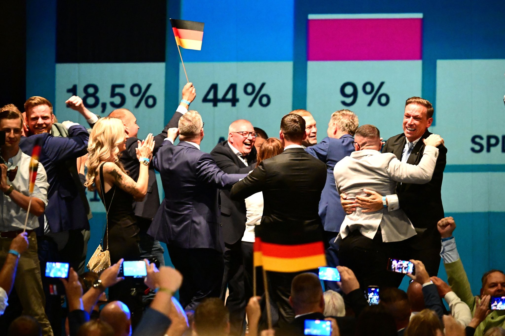 06.09.2026, Sachsen-Anhalt, Magdeburg: AfD-Anhänger reagieren nach der Prognose zum Ergebnis der Landtagswahl Sachsen-Anhalt bei der Wahlparty der AfD im Alten Theater. Am Sonntag (06.09.2026) wurde in Sachsen-Anhalt ein neuer Landtag gewählt. Foto: Sebastian Gollnow/dpa +++ dpa-Bildfunk +++
