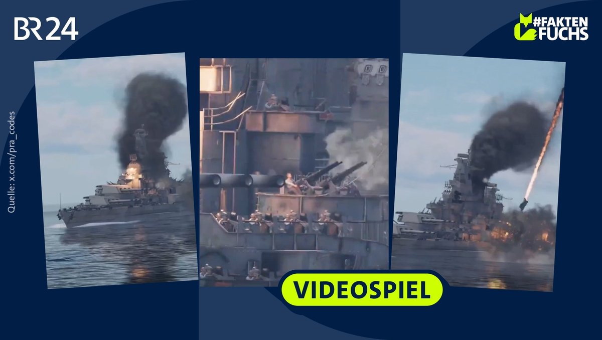 Drei Screenshots eines Screenvideos eines Videospiels. Zu sehen ist ein Militärschiff, das von einer Rakete getroffen wird und brennt.