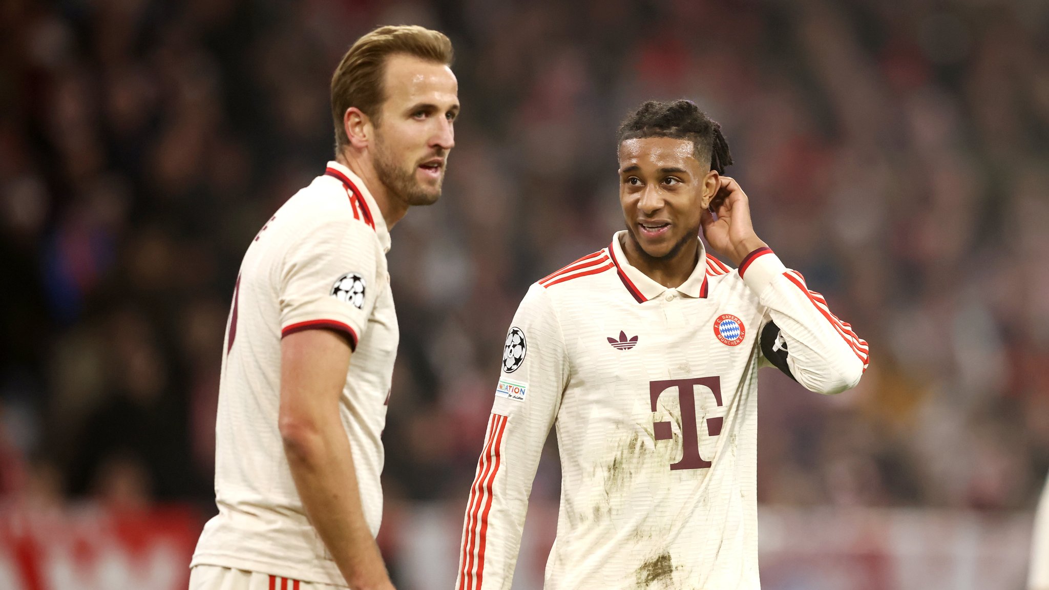 Harry Kane (l.) und Michael Olise vom FC Bayern