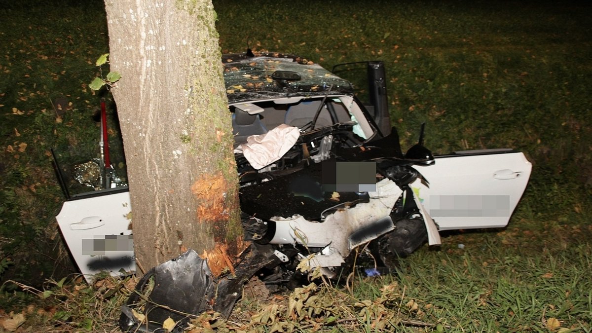 Das völlig demolierte Unfallauto an einem Baum.