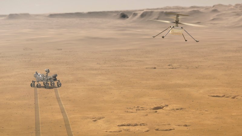 Illustration des fliegenden NASA Ingenuity Mars-Helikopters, während der Mars-Rover Perseverance sich am Boden entfernt. 