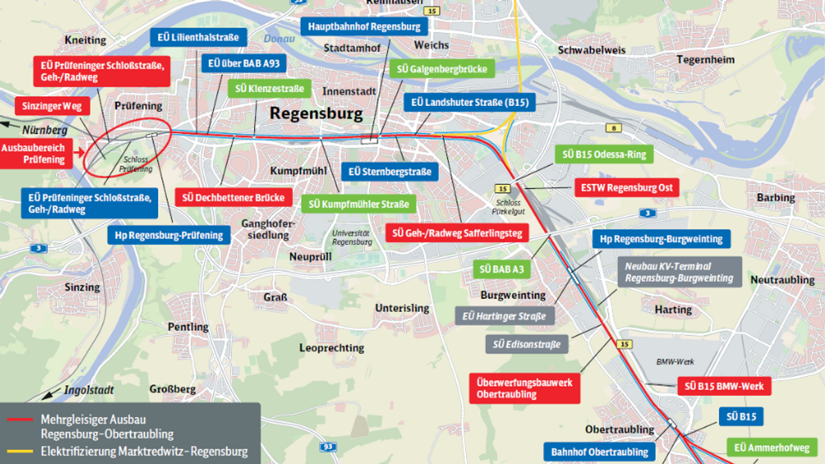 Die Planungskarte zum Bahnausbau im Raum Regensburg