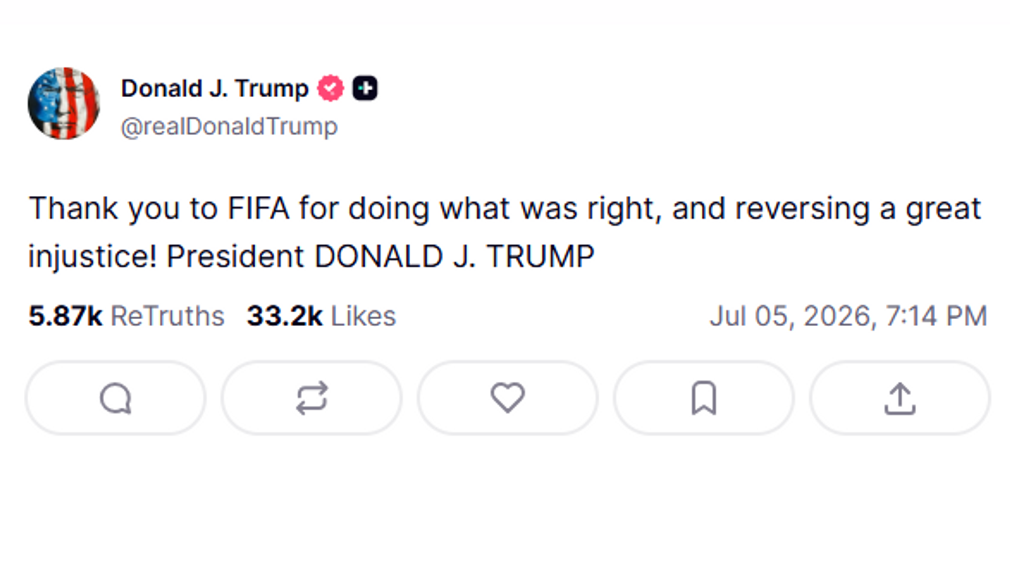 Der Post von US-Präsident Donald Trump auf seiner Online-Plattform "Truth Social". | Bild: Truth Social/Donald J. Trump Der Post von US-Präsident Donald Trump auf seiner Online-Plattform "Truth Social".