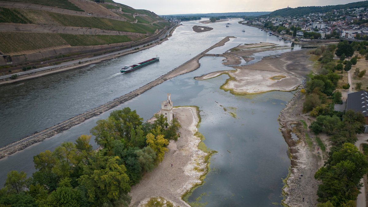 Wochenlange Dürre ließ im Sommer 2022 im Rhein immer weniger Wasser fließen.