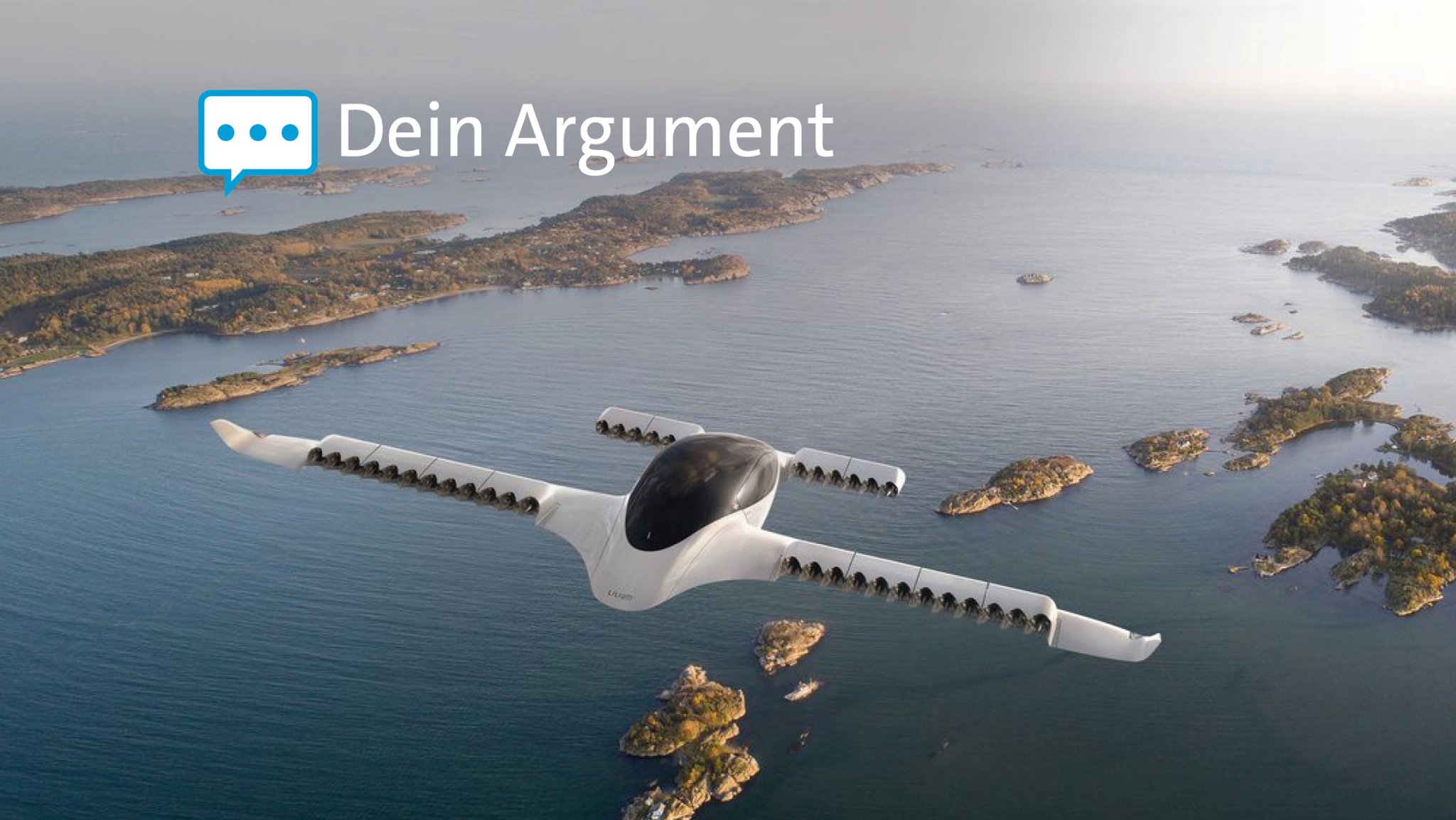 Das Elektro-Flugtaxi des Herstellers Lilium beim morgendlichen Flug über Inseln.