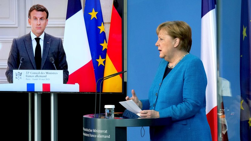 Gemeinsame Pressekonferenz von Emmanuel Macron und Angela Merkel nach einer Plenarsitzung des deutsch-französischen Ministerrats am 31.5.2021