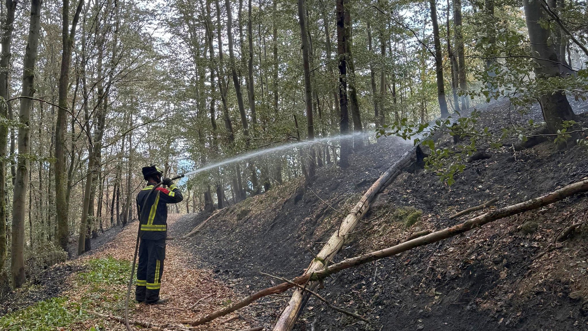 Ein Feuerwehrmann bei Löscharbeiten | Bild: Landratsamt Amberg-Sulzbach/Luis Ziegler Ein Feuerwehrmann bei Löscharbeiten