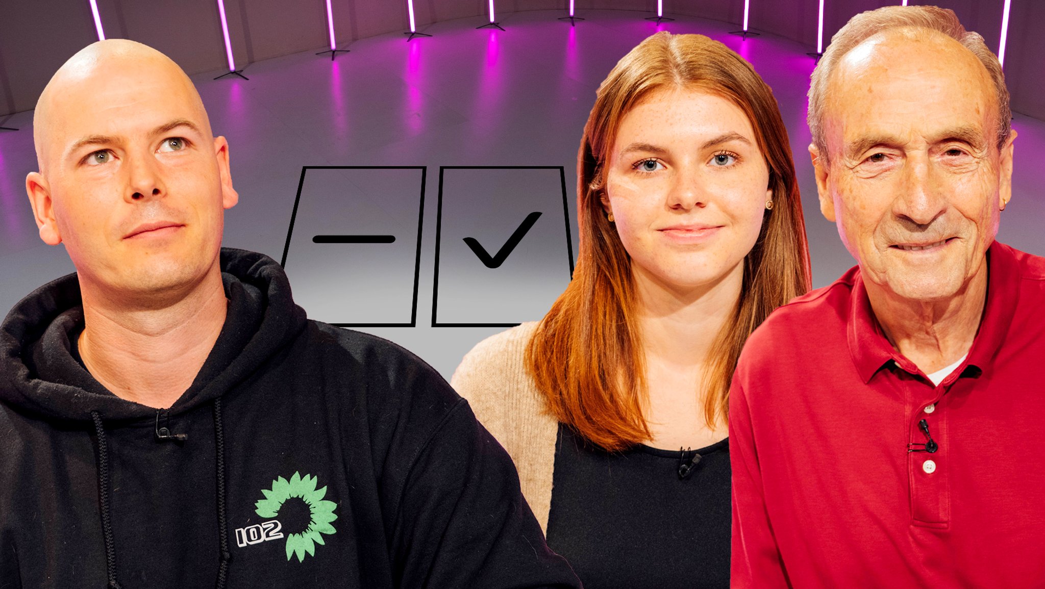 In Folge 2 der Generationenfrage diskutieren (v.l.n.r.) Christopher Grau (36), Maria Uljanow (20) und Alfred Meisinger (81).