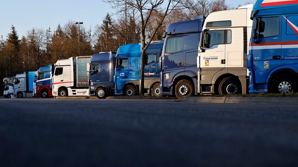 Internationale LKWs stehen auf einem Autobahn-Rastplatz (Symbolbild)