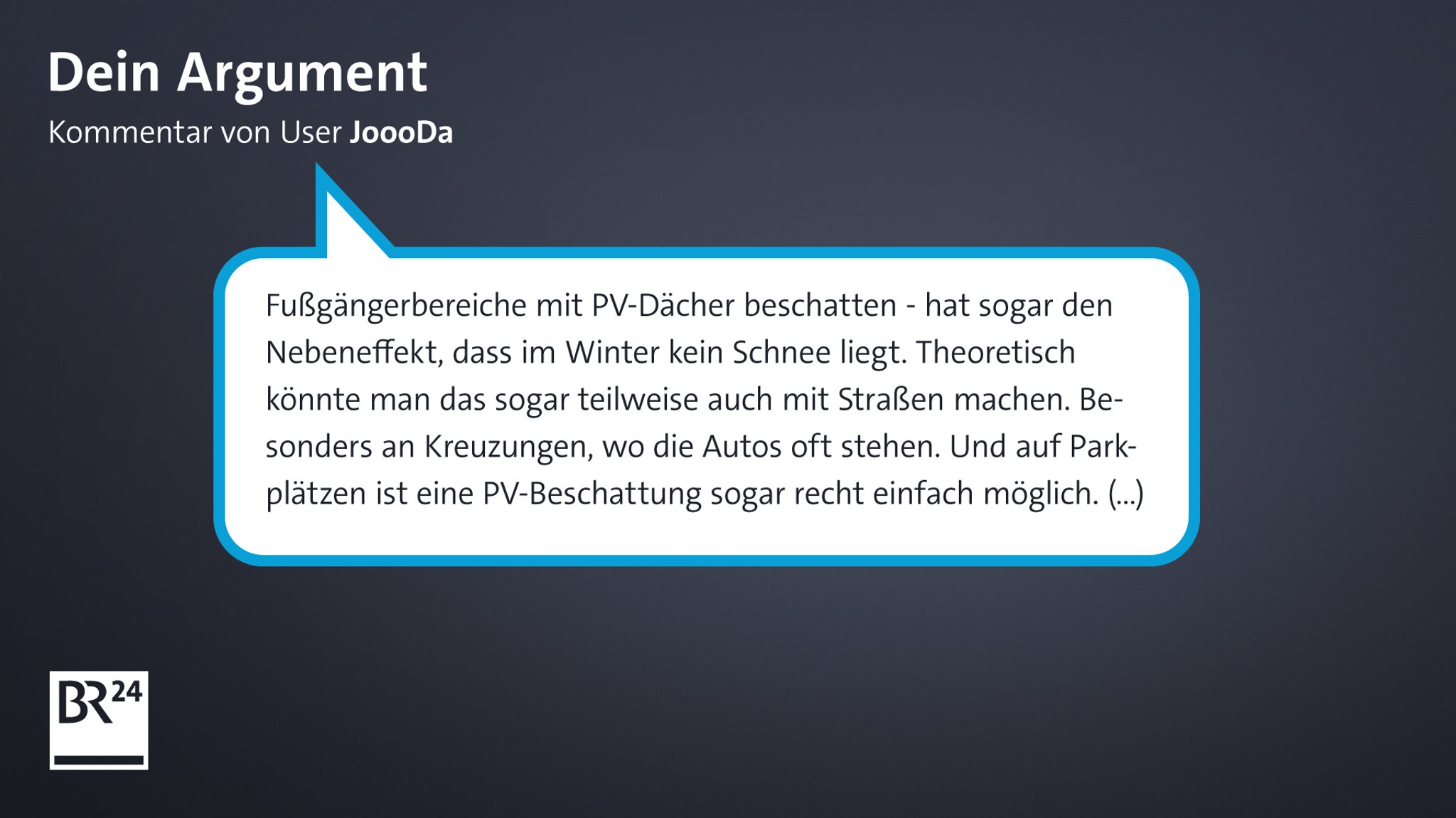 Kommentar von "JoooDa": "Fußgängerbereiche mit PV-Dächer beschatten - hat sogar den Nebeneffekt, dass im Winter kein Schnee liegt. Theoretisch könnte man das sogar teilweise auch mit Straßen machen. Besonders an Kreuzungen, wo die Autos oft stehen. Und auf Parkplätzen ist eine PV-Beschattung sogar recht einfach möglich. (...)