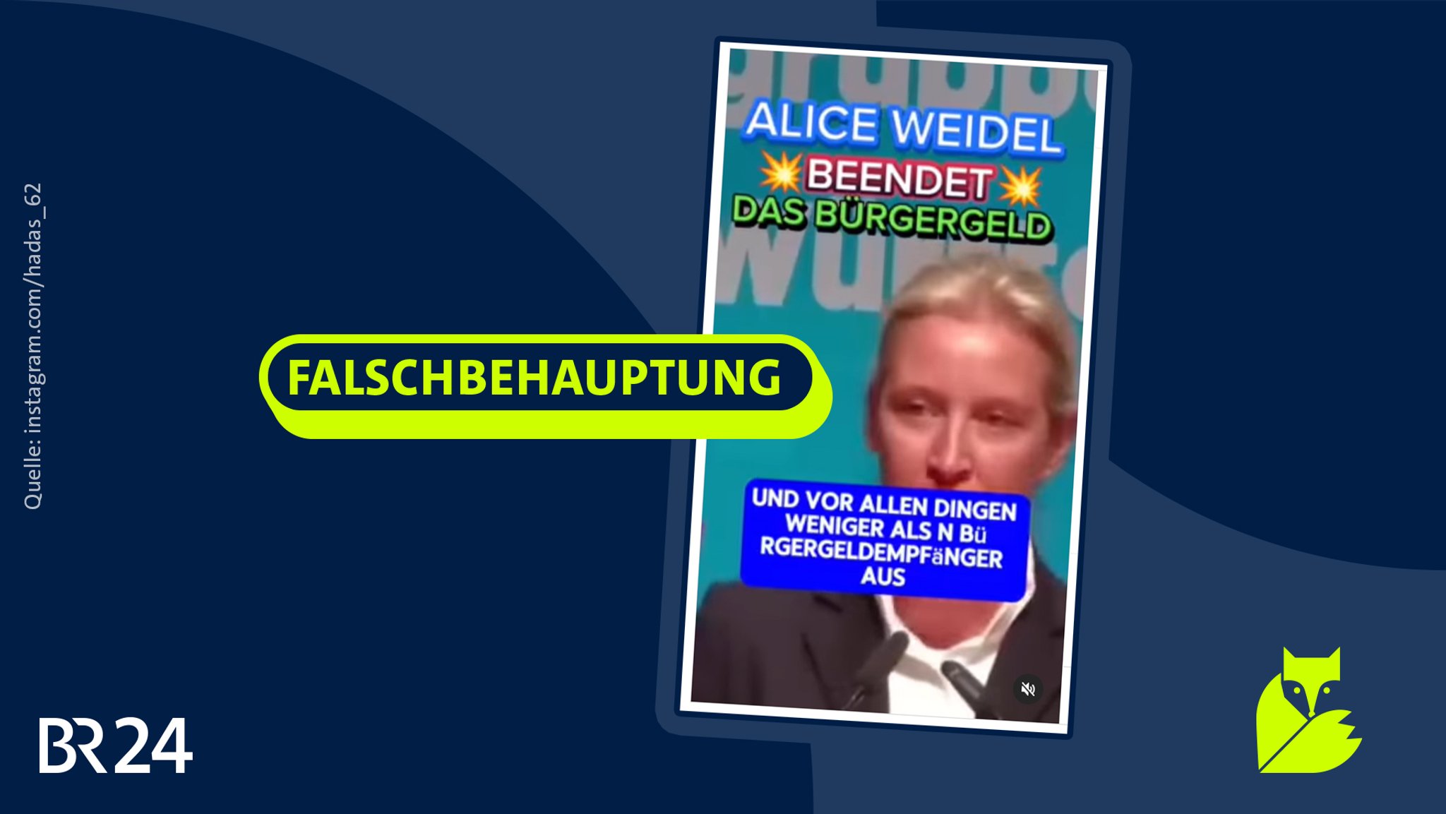 Screenshot mit einem Ausschnitt eines Videos mit Alice Weidel, darüber der Stempel "Falschbehauptung".