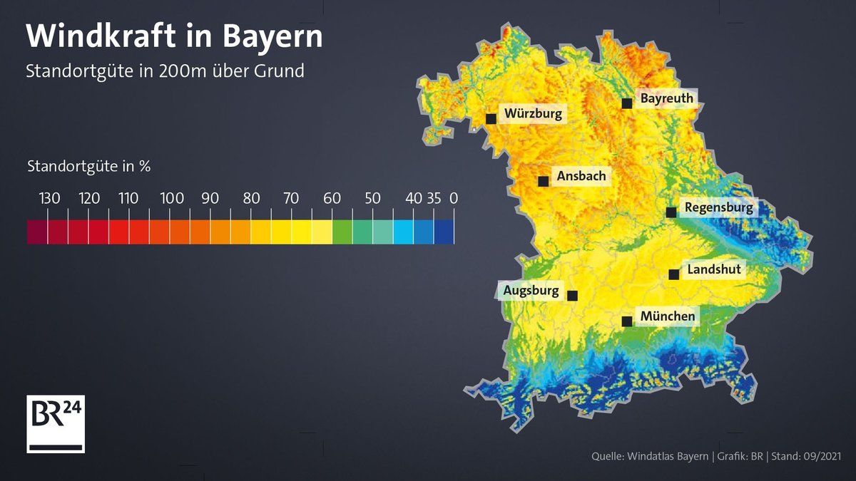 Karte aus dem Windatlas Bayern