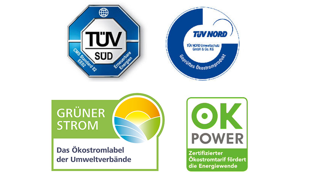 Vier Ökostrom-Gütesiegel: von TÜV Süd, TÜV Nord, "Grüner Strom" und "OK Power"