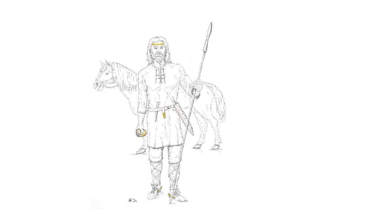 Rekonstruktionszeichnung des Fürsten von Bayerbach mit golddurchwirktem Stirnband und goldglänzenden Accessoires. In der einen Hand hält er die im Grab gefundene Lanze, in der anderen den Sturzbecher. Die Funde aus dem Grab sind farbig markiert 