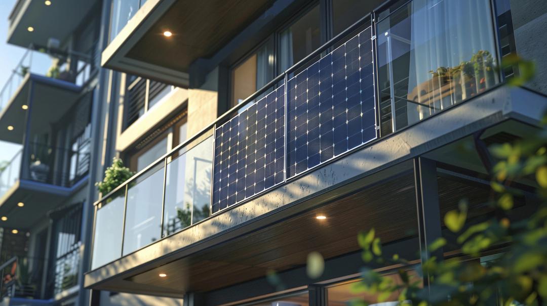 Zwei Solarpanels befestigt an einem Balkon einer Wohnung.