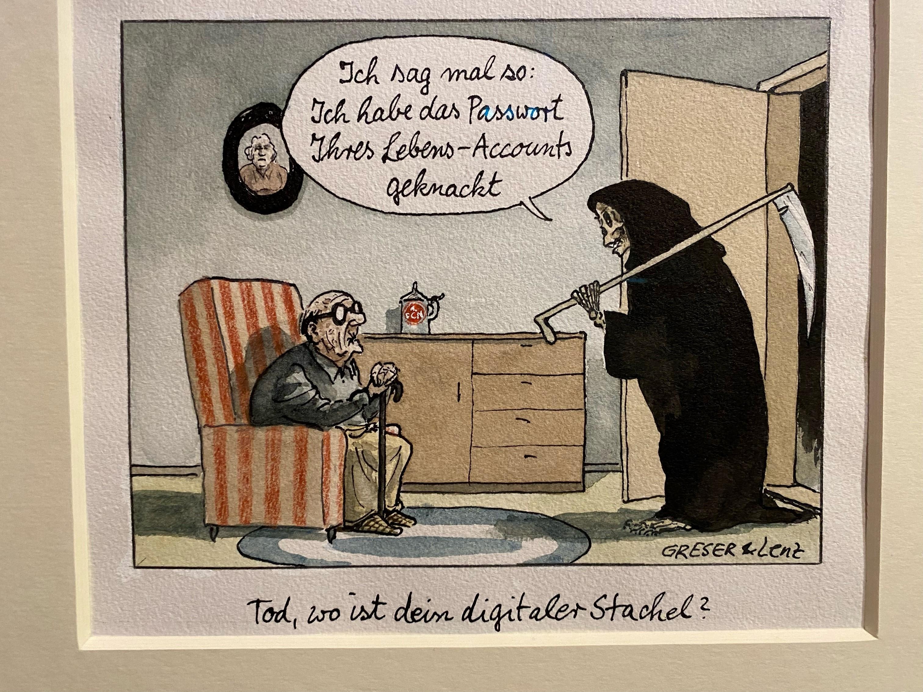 Der Tod mit einer Sichel über der Schulter kommt zu einem alten Mann im Sessel, in der Sprechblase steht: "Ich hab das Passwort Ihres Lebens-Accounts geknackt" 