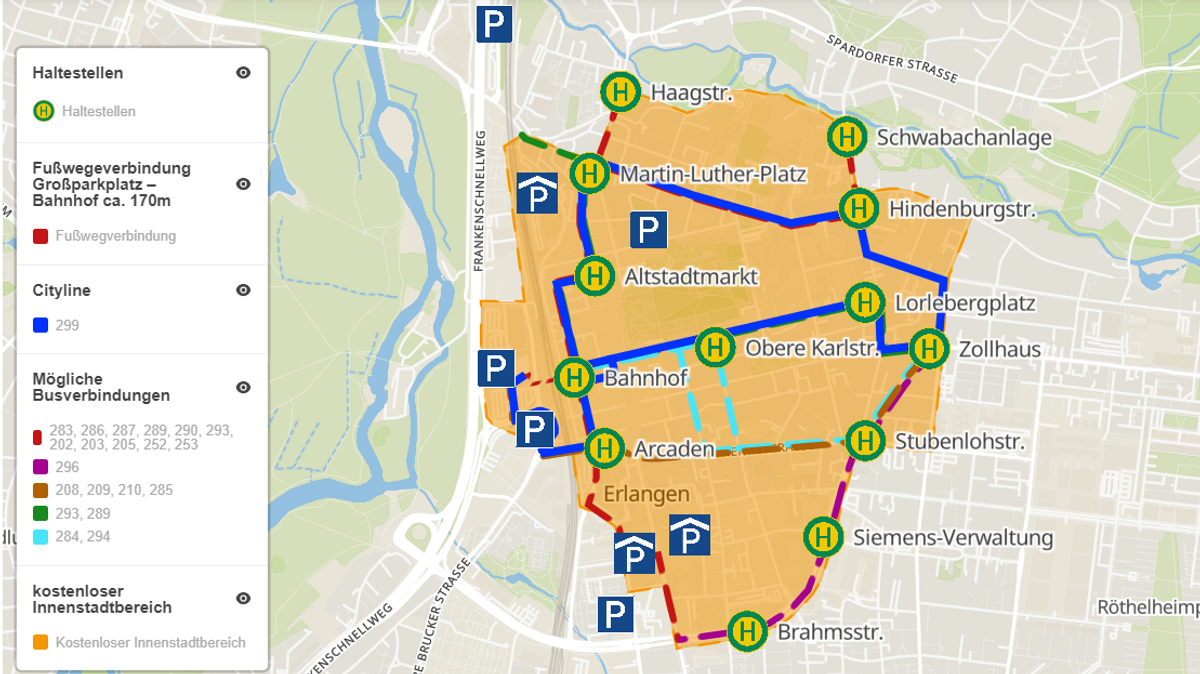 Eine Karte mit Bushaltestellen, Buslinien und Parkhäusern in Erlangen, daneben eine Tabelle mit Buslinien.