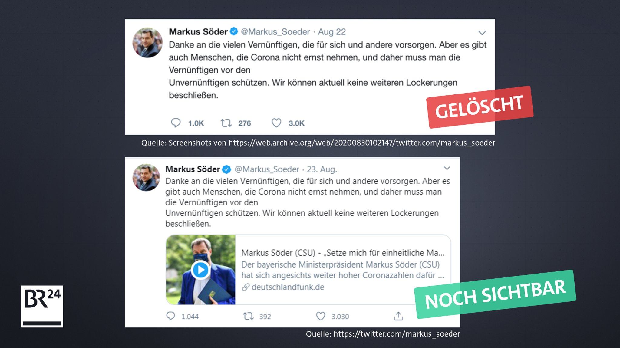 Der Vergleich zwischen gelöschtem und noch sichtbarem Tweet zeigt: Der Text ist identisch.