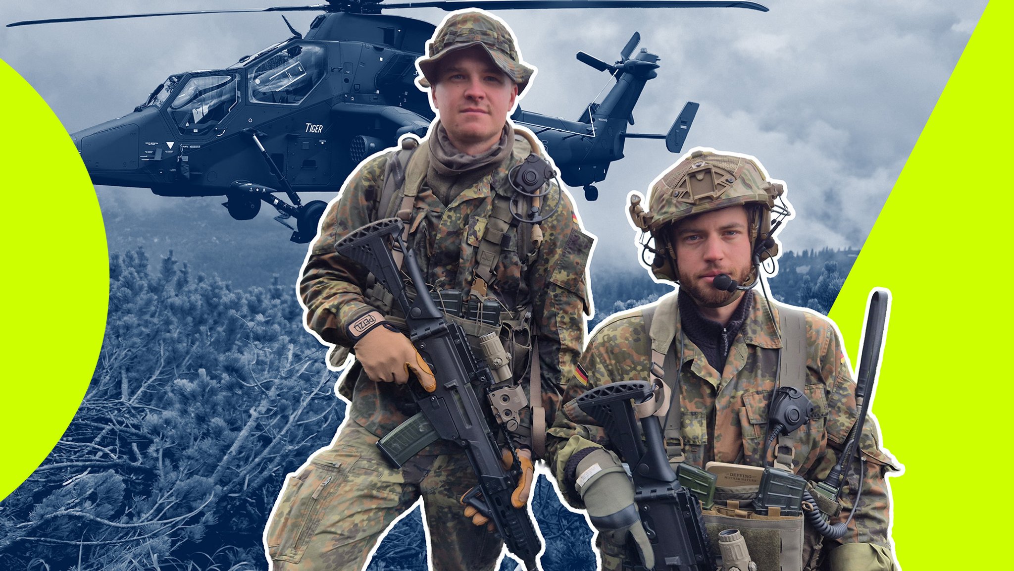 Gebirgsjäger Korbinian (links), Philipp (rechts), im Hintergrund der Kampfhubschrauber "Tiger" der Bundeswehr | Bild: BR/ Erik Häußler, Montage: BR Gebirgsjäger Korbinian (links), Philipp (rechts), im Hintergrund der Kampfhubschrauber "Tiger" der Bundeswehr