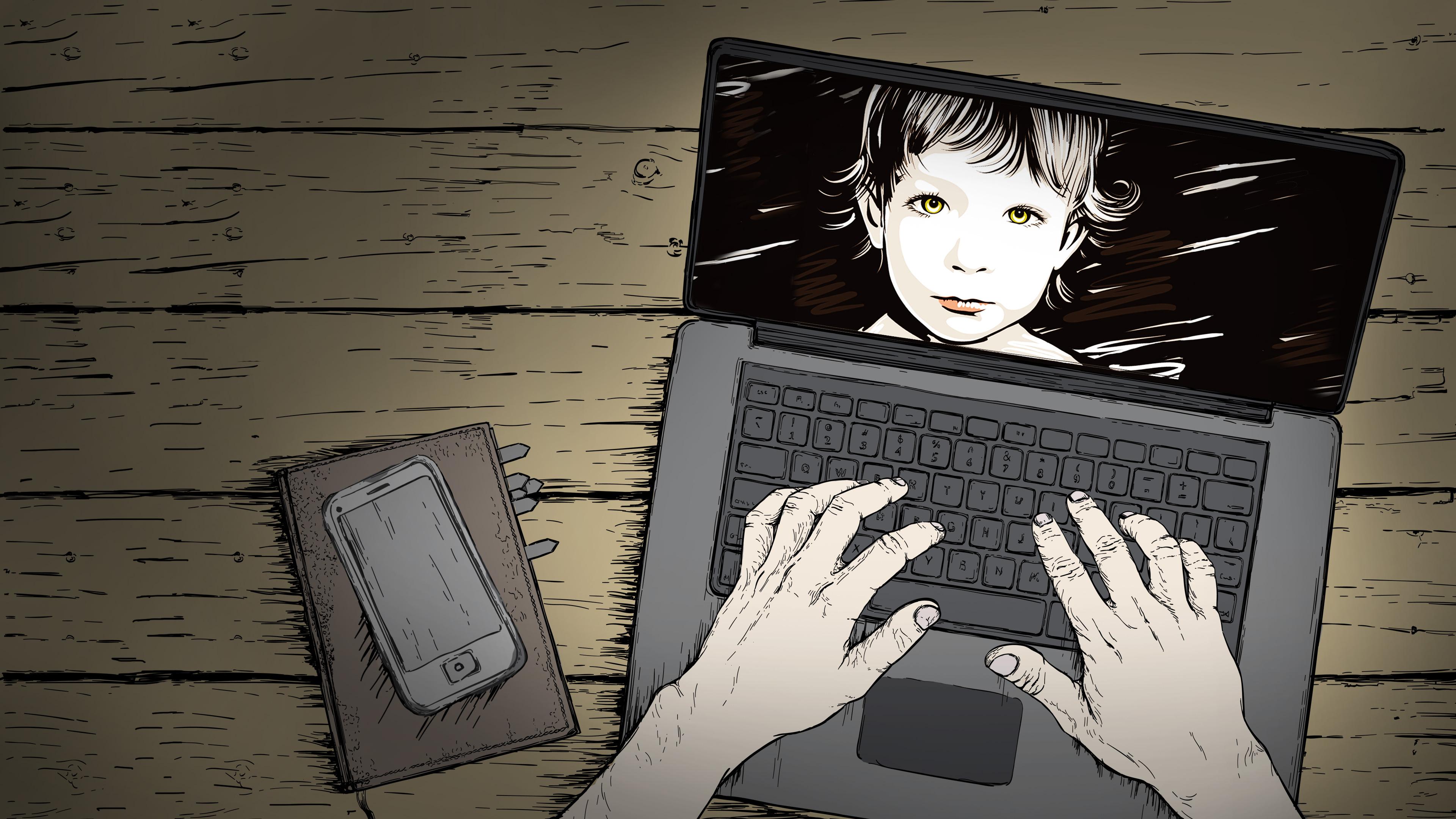 Illustration: Hände an einem Laptop mit dem Gesicht eines Kindes