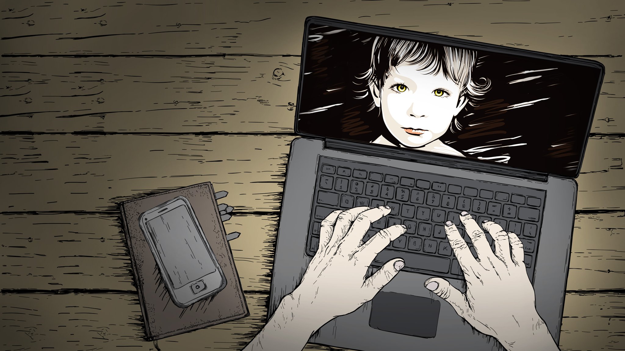 Illustration: Hände an einem Laptop mit dem Gesicht eines Kindes