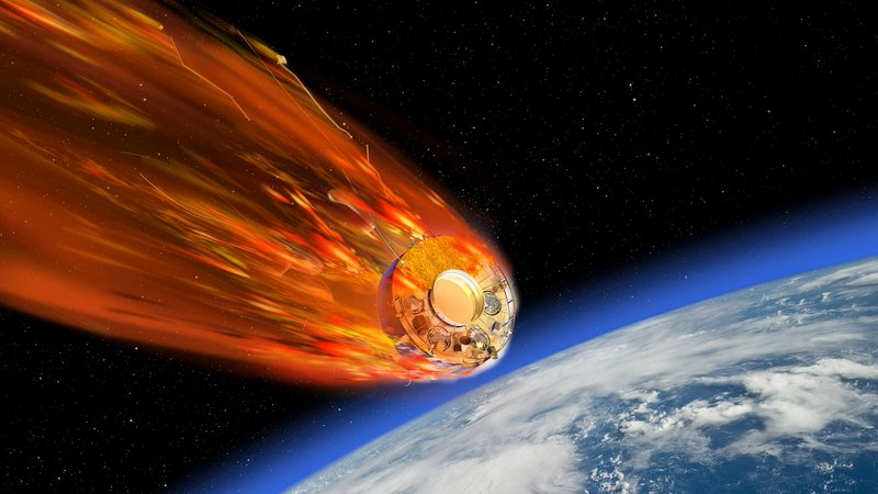 Die künstlerische Darstellung zeigt links einen scheibenförmigen Satelliten mit Flammen, die von ihm ausgehen, während er auf die Erdatmosphäre rechts im Bild herabstürzt. | Bild: ESA/David Ducross Die künstlerische Darstellung zeigt links einen scheibenförmigen Satelliten mit Flammen, die von ihm ausgehen, während er auf die Erdatmosphäre rechts im Bild herabstürzt.