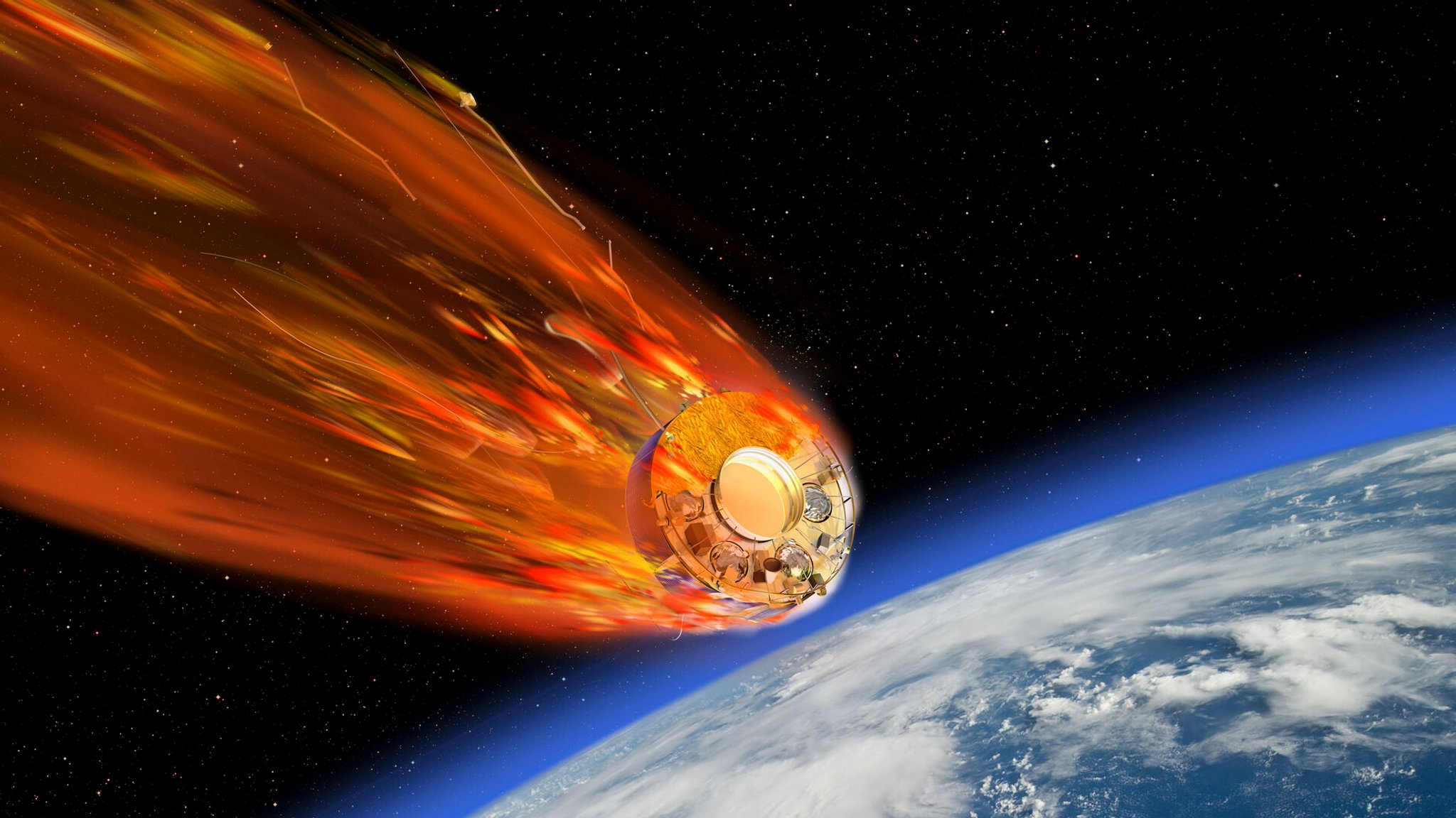 Die künstlerische Darstellung zeigt links einen scheibenförmigen Satelliten mit Flammen, die von ihm ausgehen, während er auf die Erdatmosphäre rechts im Bild herabstürzt. 