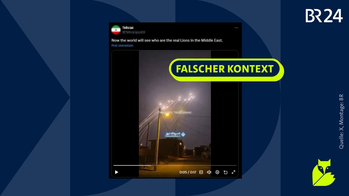 Zu sehen ist ein Post auf "X" mit einem Video, in dem man mehrere leuchtende Punkte am Himmel sieht. Der Stempel darauf mit der Aufschrift "falscher Kontext" weißt darauf hin, dass das Video keine aktuellen Raketenangriffe des Irans auf Israel zeigt.