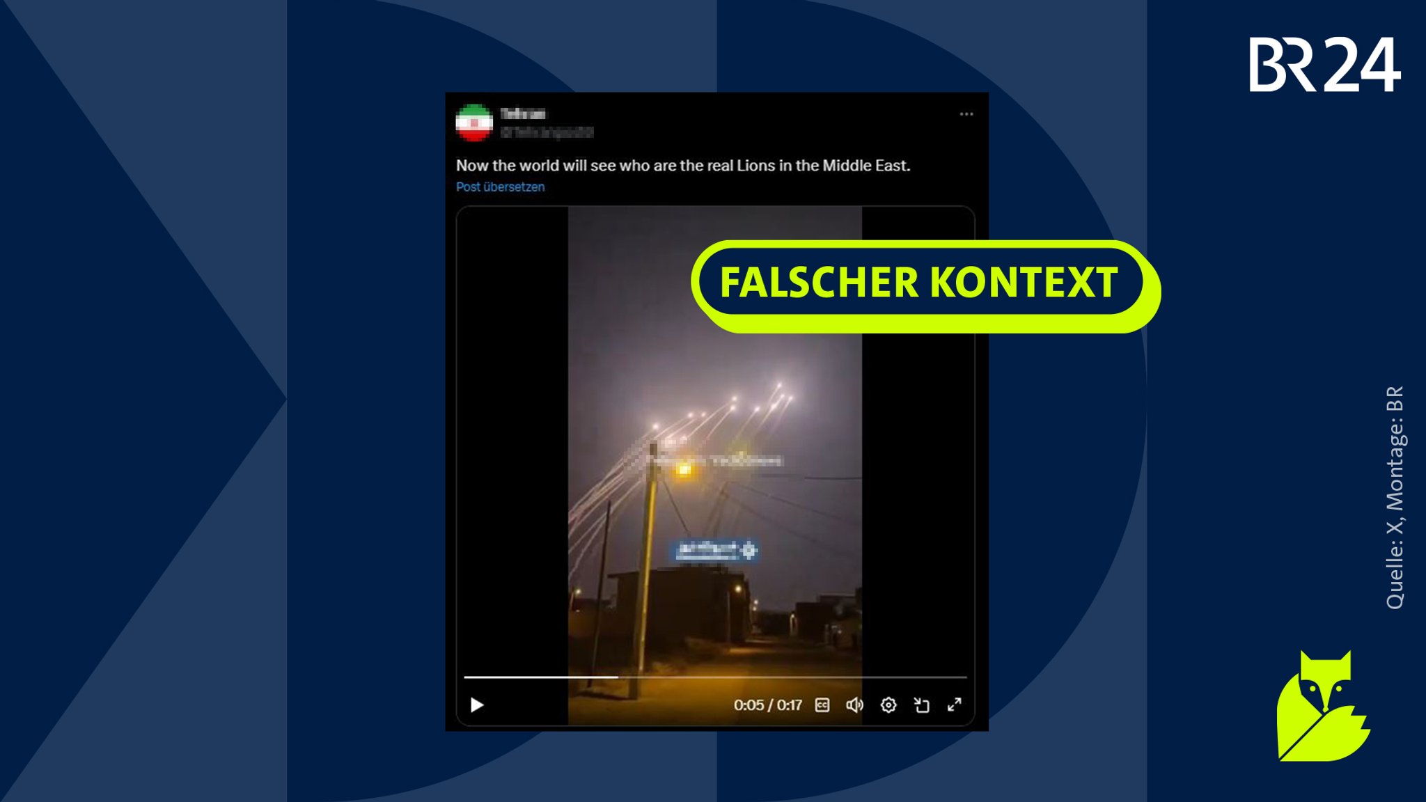 Zu sehen ist ein Post auf "X" mit einem Video, in dem man mehrere leuchtende Punkte am Himmel sieht. Der Stempel darauf mit der Aufschrift "falscher Kontext" weißt darauf hin, dass das Video keine aktuellen Raketenangriffe des Irans auf Israel zeigt.