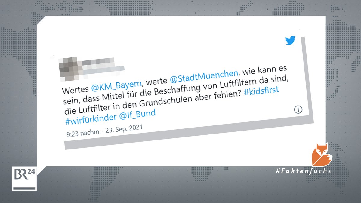 Tweet mit dem Text: "Wertes @KM_Bayern , werte @StadtMuenchen, wie kann es sein, dass Mittel für die Beschaffung von Luftfiltern da sind, die Luftfilter in den Grundschulen aber fehlen?"