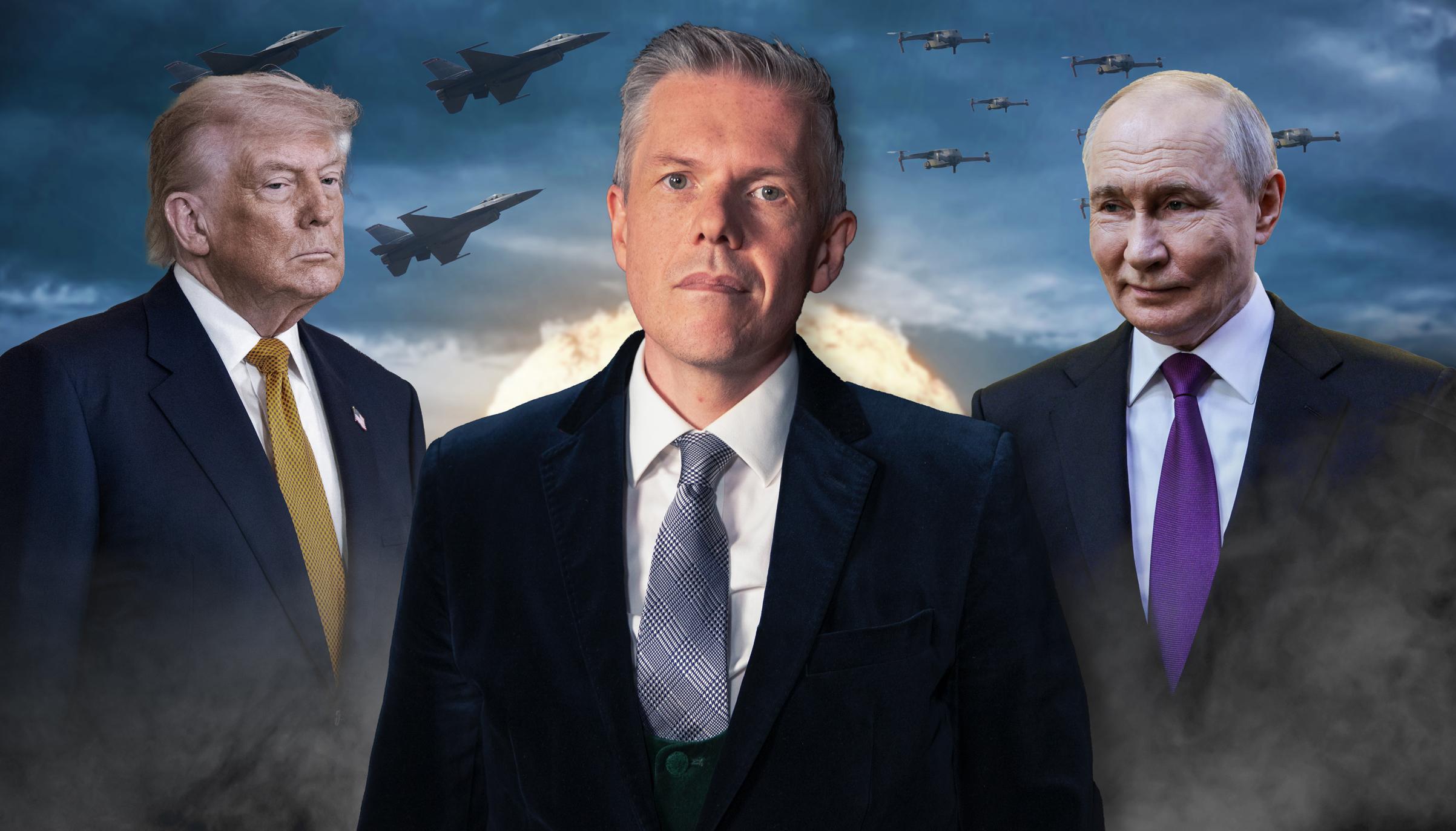 Links US-Präsident Donald Trump, hinter ihm F-16 Kampfjets, in der Mitte Dr. Marcus Keupp, Militärökonom und Dozent an der ETH Zürich, rechts Russlands Präsident Wladimir Putin, hinter ihm ein Drohnen-Schwarm.